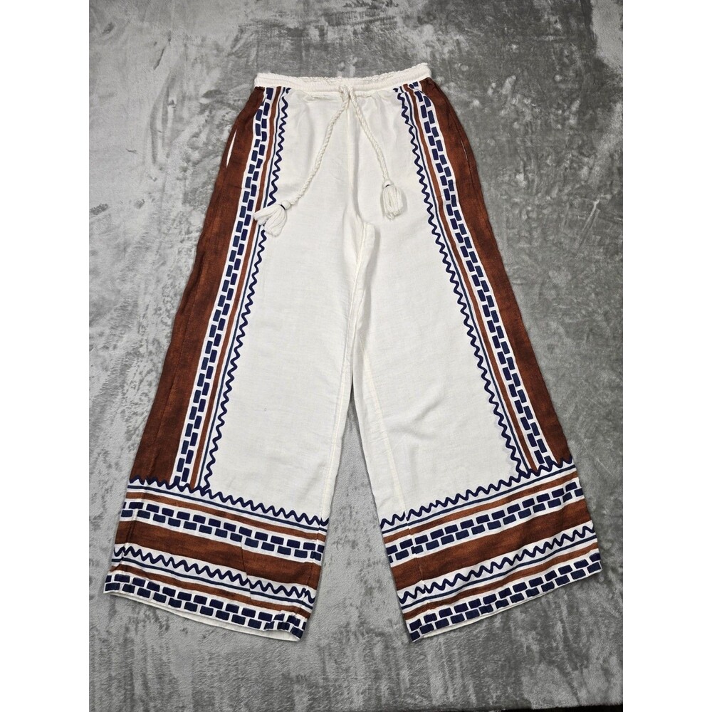 Anthropologie Womens XS Wide Leg Pants Linen Viscose Geometric Tile Print...